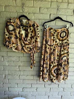 Rachel Zoe Animal Print Wrap Top & Tiered Skirt Ivory, Tan & Black NWT Sz XS